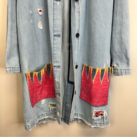 Upcycled Country Vibes Long Light Blue Denim Jacket Womens L Festival Cowgirl - Picture 9 of 15